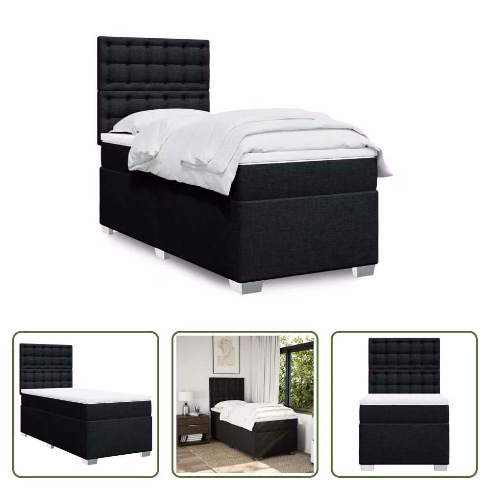 The Living Store Letto a molle con materasso nero 90x190 cm in tessuto