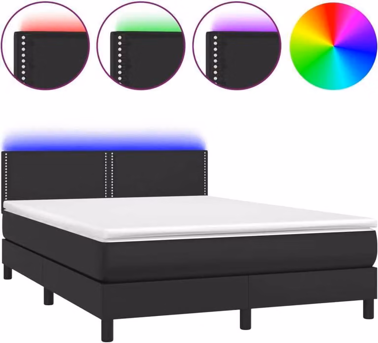 Giroletto a Molle con Materasso e LED Nero 140x200cm Pelle finta