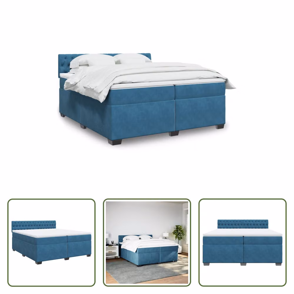 The Living Store Letto a molle con materasso blu 200x200 cm in velluto