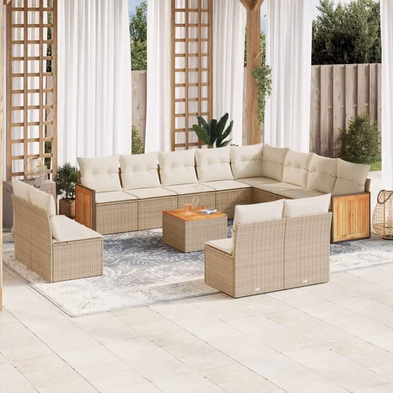 vidaXL Set Divano da Giardino 13 pz a forma di U con Cuscini Beige e Tavolino da Caffè in Polyrattan e Acciaio