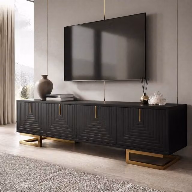 Mobile TV moderno REDOM nero con 4 ante e gambe oro L 160 cm, P 38 cm, H 44,5 cm