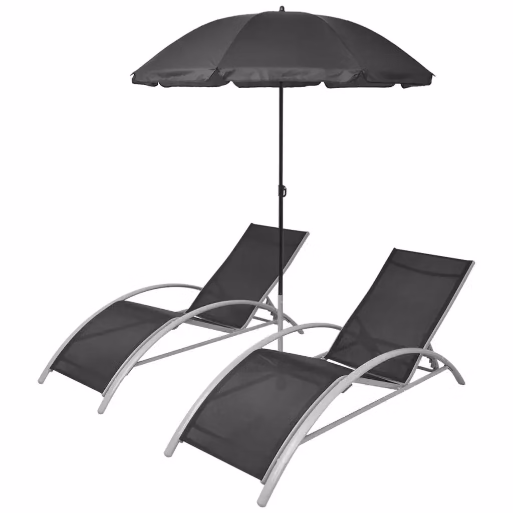 Set di 3 lettini prendisole vidaXL in alluminio nero con ombrellone e tessuto textilene per giardino e terrazza – 2