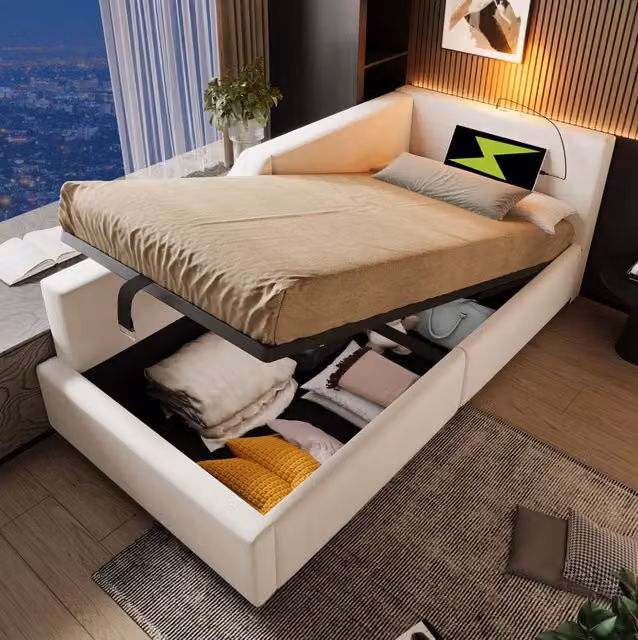 Letto da giorno ULEVR 90x190 cm con contenitore idraulico, luce da lettura e USB-C, velluto beige