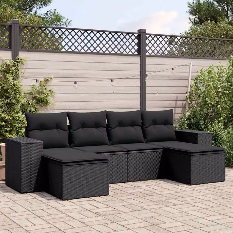 Set Divano da Giardino vidaXL 6 pz a Forma a L con Cuscini Nero in Polyrattan e Struttura in Acciaio