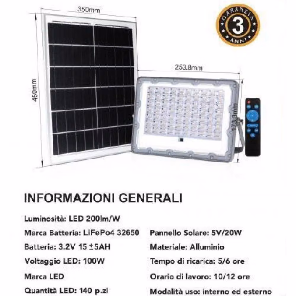 Faro Led da 100 Watt Trade Shop con Pannello Solare, Sensore Crepuscolare, Telecomando e Certificazione IP65, Colore Grigio – 2