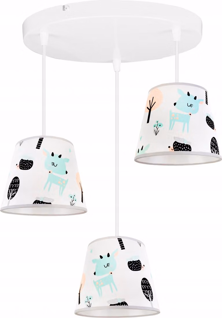 Lampada a sospensione per la camera dei bambini - Lampada da soffitto - Lampada a sospensione in metallo con paralume - Classico ovale a 3 fiamme, azzurro e arancione, Bambi