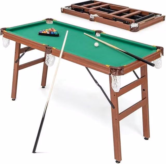 Set Tavolo da Biliardo Pieghevole Portatile Costway con Livellatori Regolabili, 2 Stecche, 2 Gessi, 16 Palline e Spazzola, Colore Verde, L/P/H: 138 x 67 x 79,5 cm