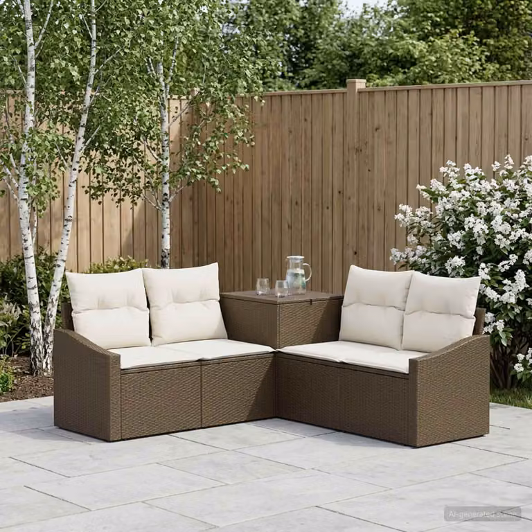 Set di divani da giardino a forma di L vidaXL in polyrattan marrone e bianco crema con cuscini inclusi
