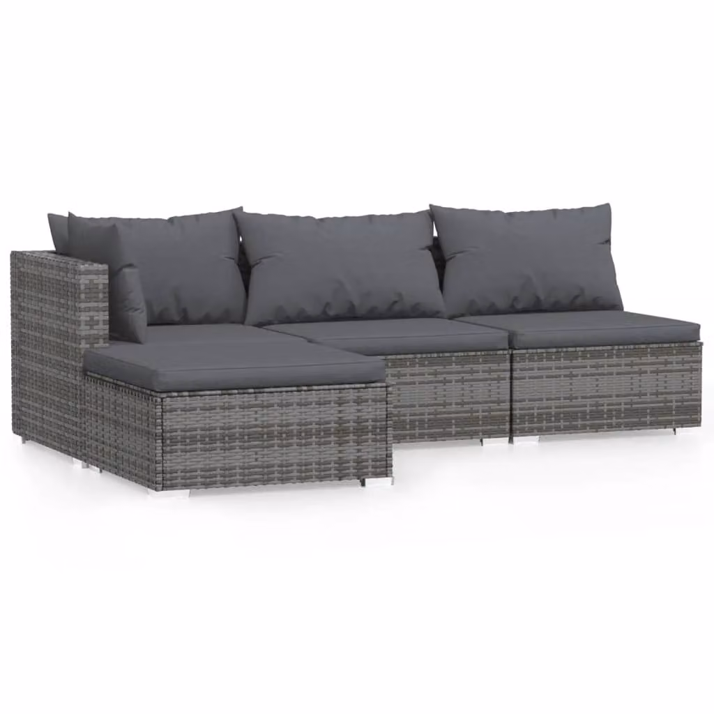 Set Divani da Giardino 4 pz con Cuscini in Polyrattan Grigio