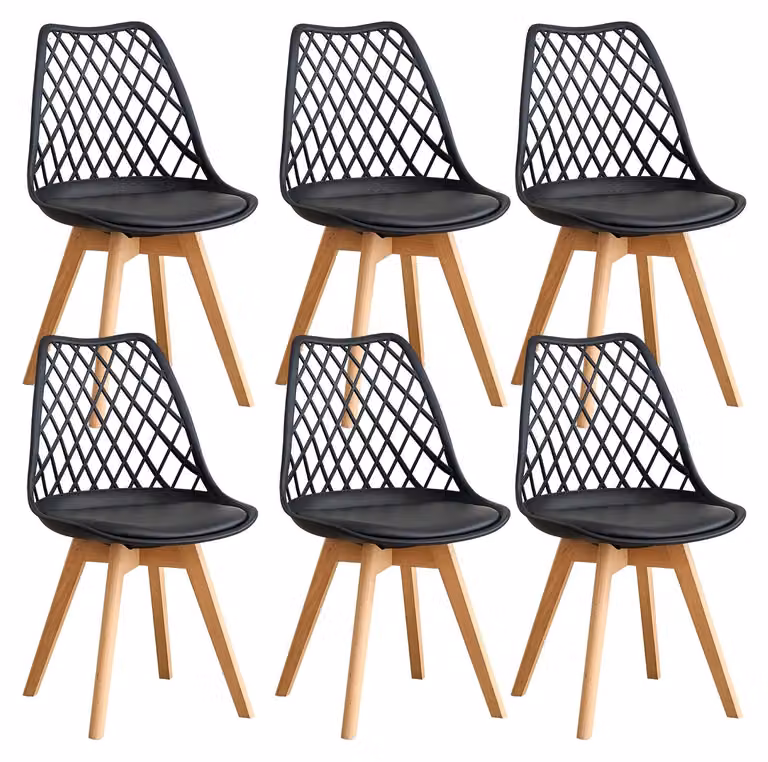 Sedie da pranzo, set da 6 - Sedia da pranzo moderna - Colore: nero - Seduta in plastica - Schienale a rete - Gambe in legno massello - Non imbottite - Da montare