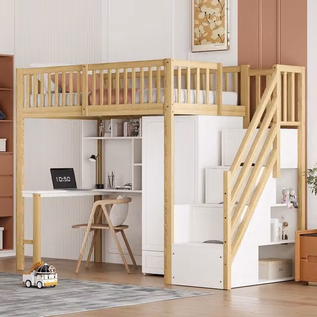 Letto a castello bianco e legno naturale con funzione contenitiva in legno massello 90x200 cm