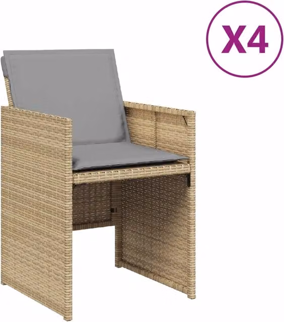 Set di 4 sedie da giardino moderne in polyrattan con cuscini beige e grigio e braccioli