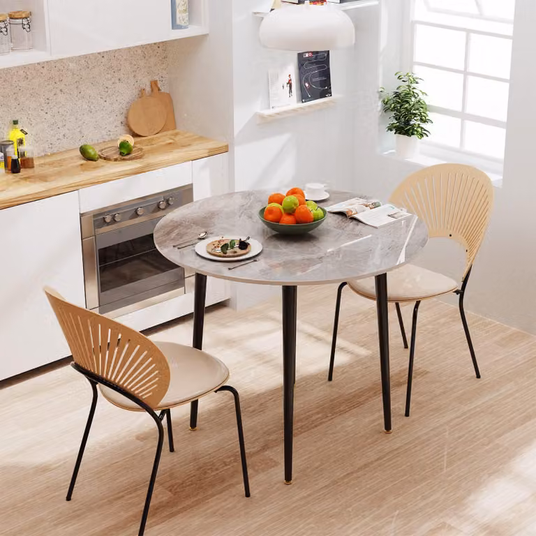 Tavolo rotondo da pranzo, aspetto marmo, 80 cm di diametro, gambe in metallo, colore grigio