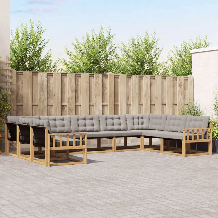 vidaXL Set di divani da esterno a forma di U composto da 9 pezzi in legno di acacia con cuscini in tessuto textilene, Bianco e Grigio Chiaro