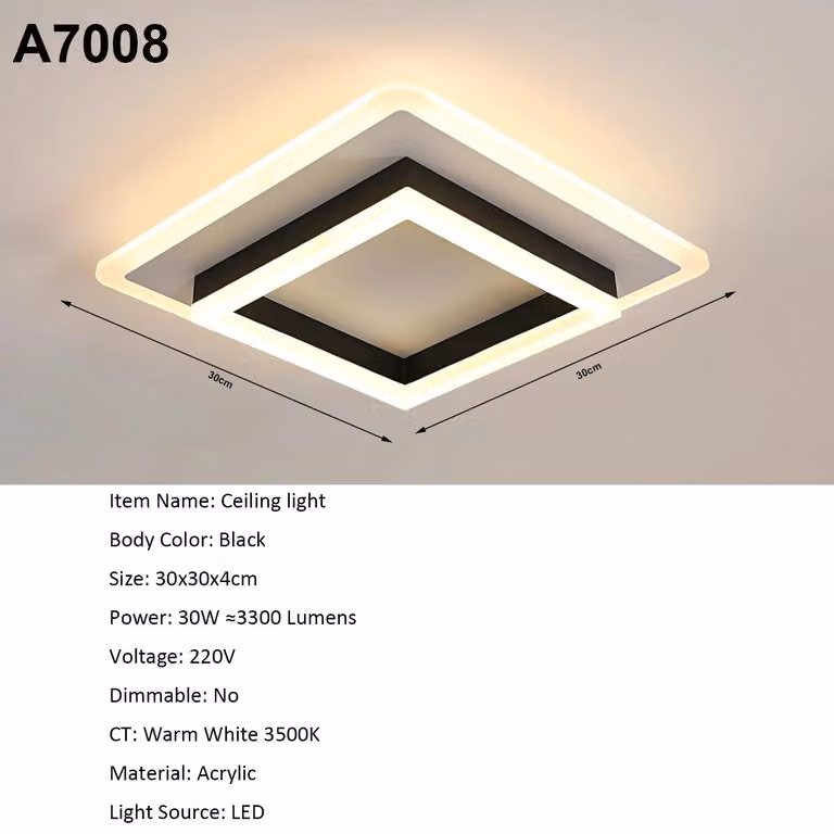 Lampada a soffitto quadrata moderna - Modello A7008 - LED - 30 W - 3000 K - Luce bianco caldo - Non dimmerabile - Montaggio a parete