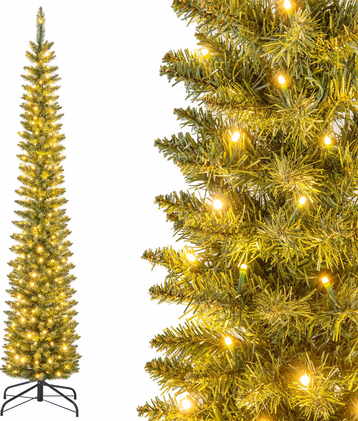 COSTWAY Albero di Natale artificiale da 210 cm con 200 LED bianchi caldi, albero di Natale a matita, albero di Natale stretto, albero di Natale artificiale verde