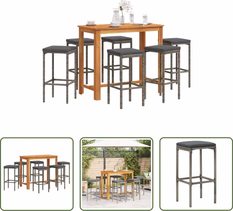 The Living Store Set bar da giardino 7 pezzi in legno massiccio di acacia grigio e poly rattan