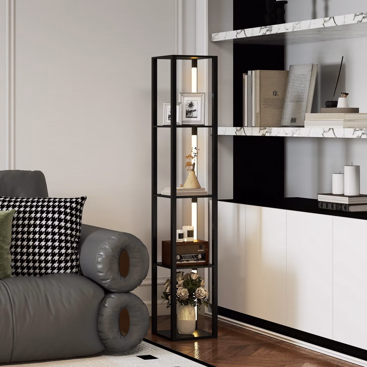 HOMCOM Lampada da Terra Moderna con 4 Ripiani e LED Dimmerabile, Nero, L/P/H: 29 x 29 x 163 cm – 2