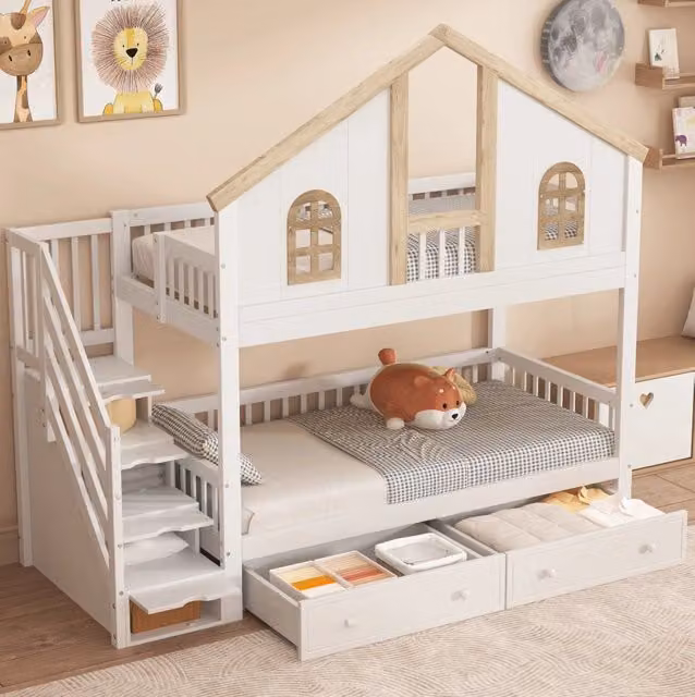 Letto a castello 90x200 cm con 2 cassetti e scala contenitore; legno massello e MDF; bianco/naturale