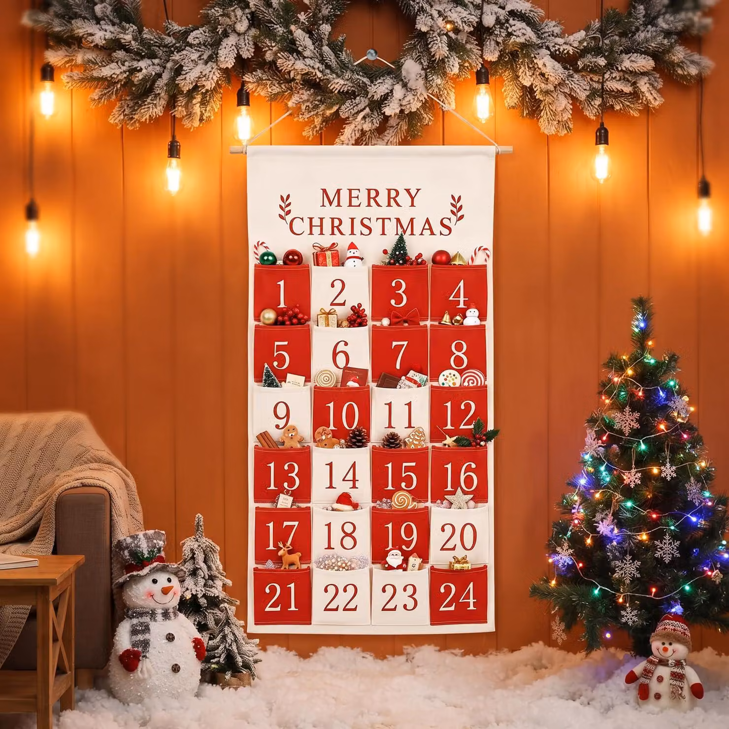 Calendario dell'Avvento da riempire, 24 sacchetti di stoffa, un bastoncino di legno, riutilizzabile