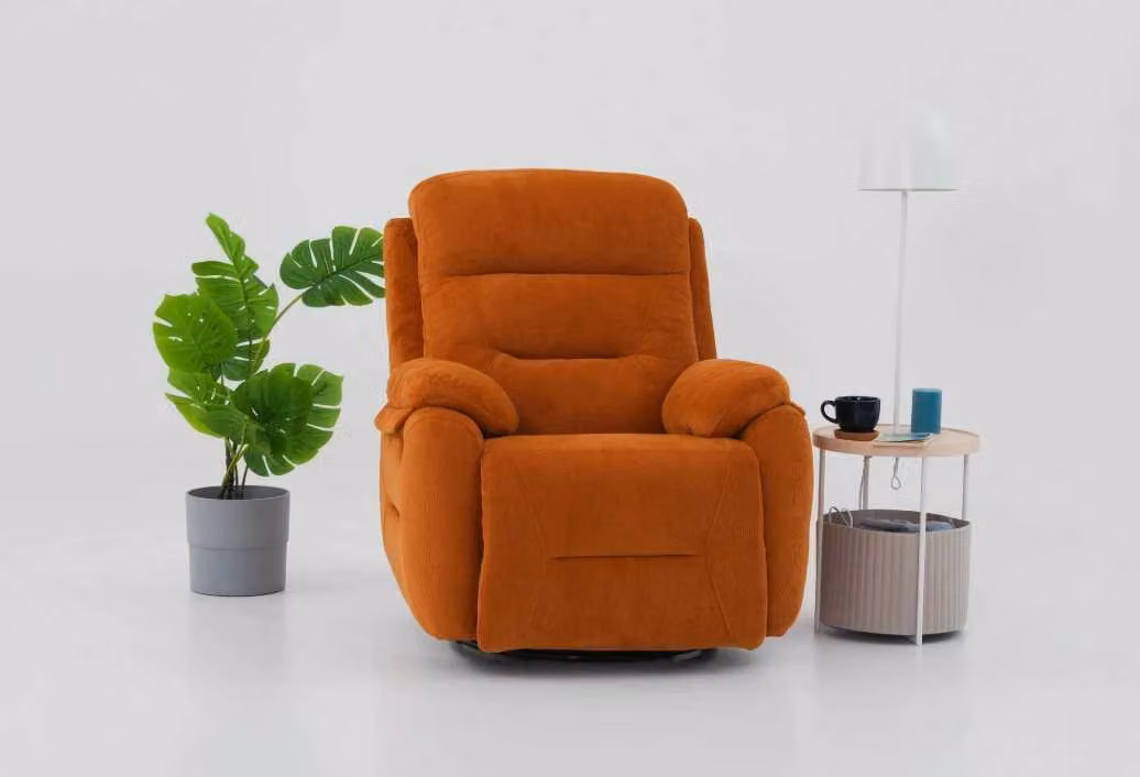 Poltrona relax moderna, color arancione, con poggiapiedi e funzione reclinabile