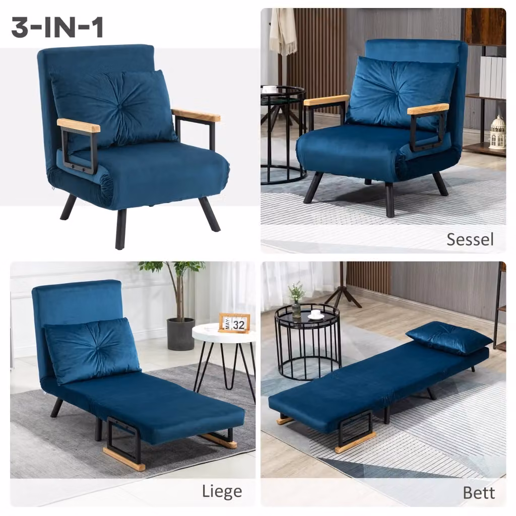 Poltrona relax convertibile con funzione letto OKWISH, schienale reclinabile e braccioli, rivestimento in tessuto blu – 2