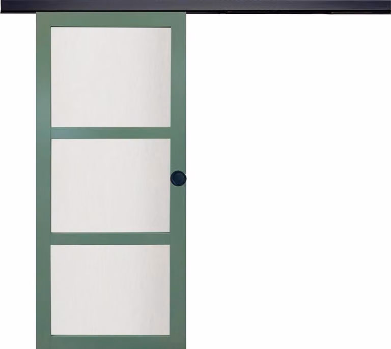 Porta scorrevole verde chiaro con vetro H204 x L83 cm, binario in alluminio con striscia nera, conchiglie nere per GD MENUISERIES