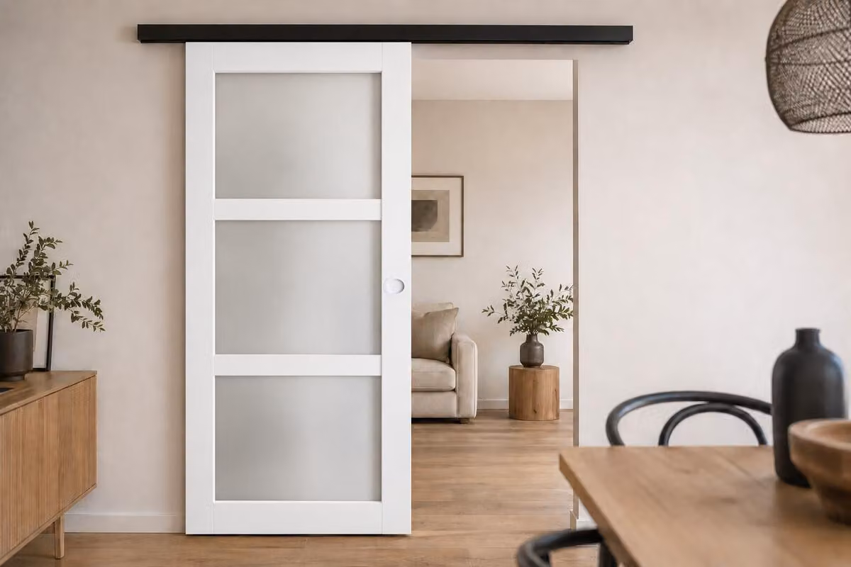 Porta scorrevole Kenya bianca con vetro H204 x L83 cm, binario in alluminio con banda nera, conchiglie bianche Gd Menuserie