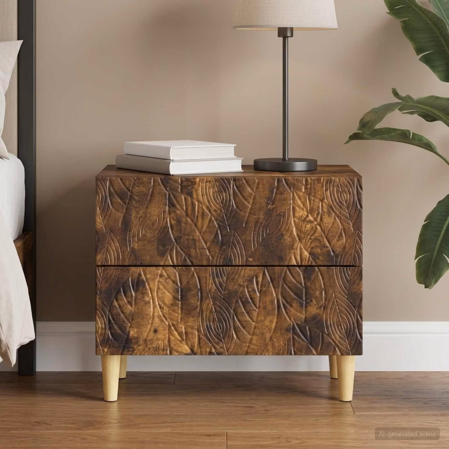 Comodino moderno vidaXL in legno ingegnerizzato e legno di eucalipto, colore marrone, L 62 cm x P 34,5 cm x H 48 cm