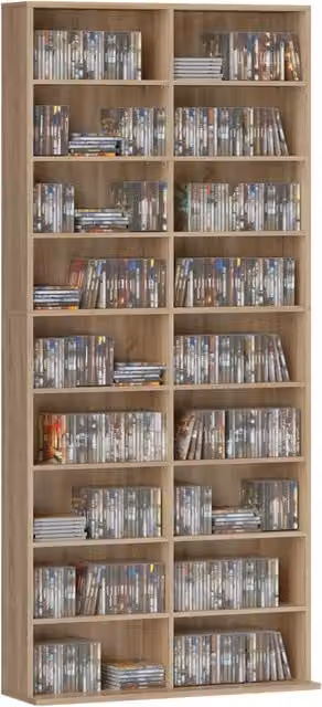 Libreria porta CD DVD e Blu-ray XYLO in legno naturale marrone con 18 scomparti e ripiani regolabili, L: 78,5 cm, P: 24 cm, H: 175 cm