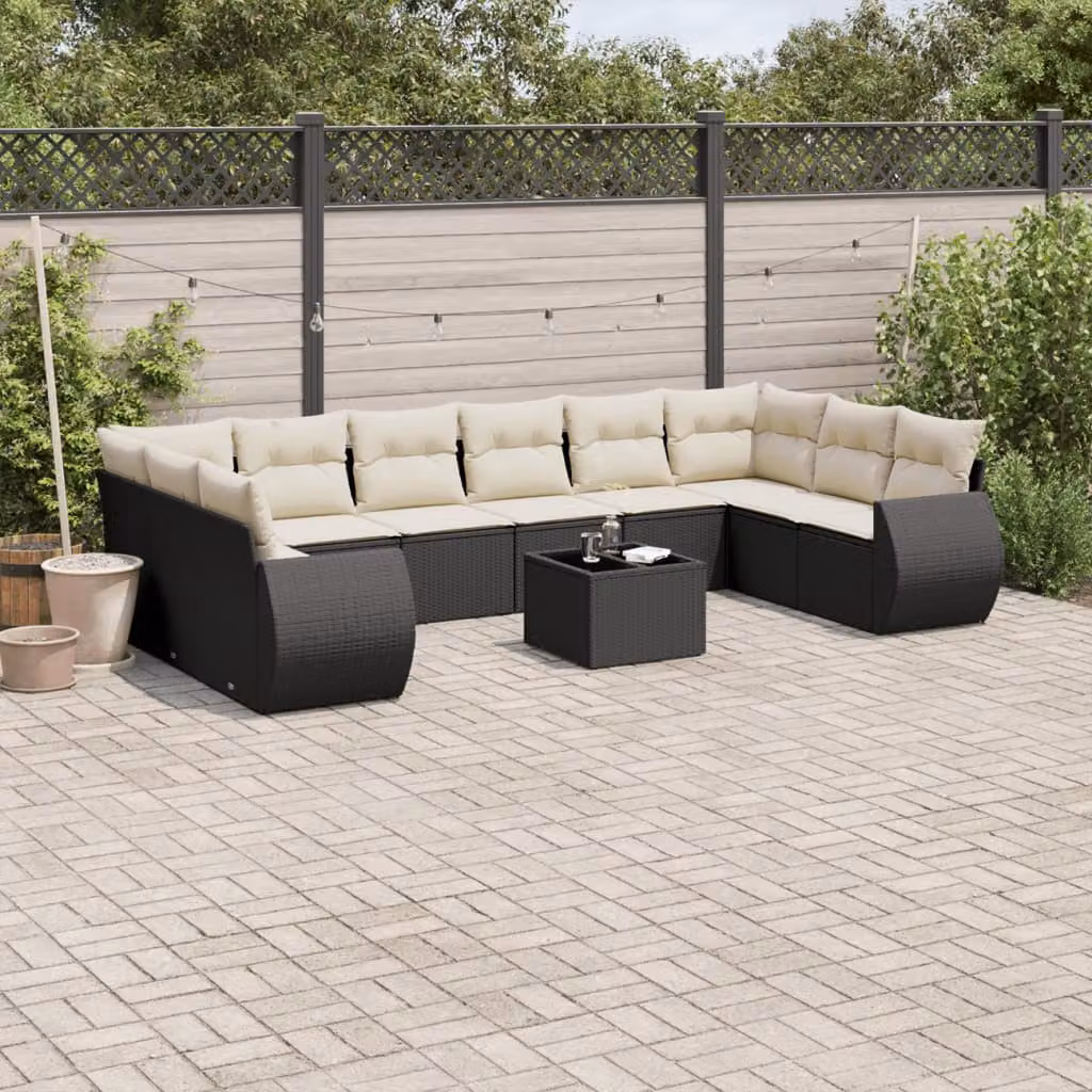 vidaXL Set Divani da Giardino 11 pz in Polyrattan Nero con Cuscini e Tavolino da Esterno – 1