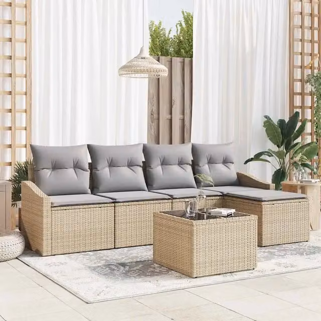 Set di divani da giardino vidaXL a forma di L con 6 pezzi in rattan e metallo, colori beige e grigio con cuscini inclusi