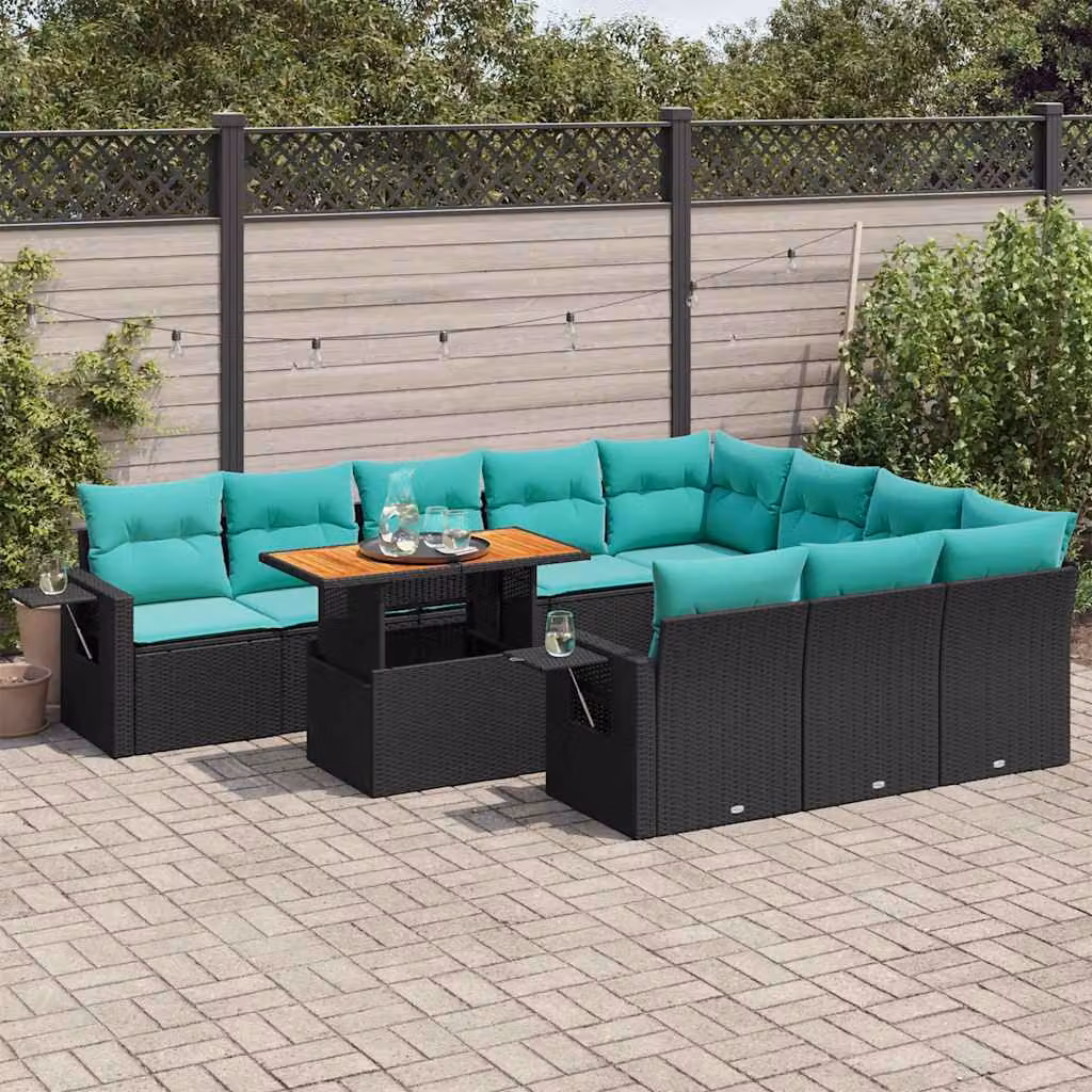 Set Divani da Giardino vidaXL 11 pz a Forma a U con Cuscini Blu e Nero in Polyrattan e Acciaio