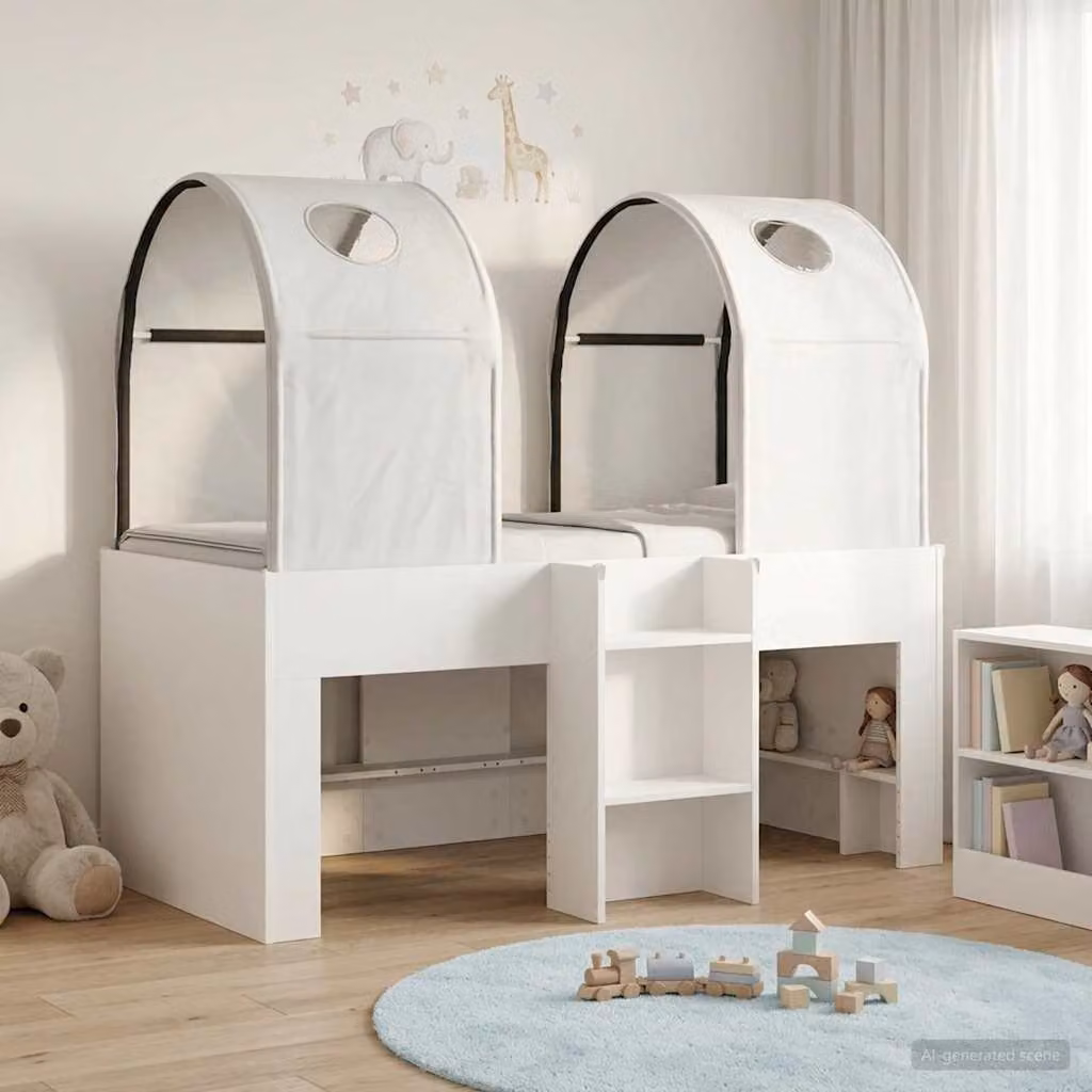Letto singolo per bambini vidaXL con tunnel e struttura a casetta, bianco, L: 120 cm, H: 163 cm, P: 101 cm