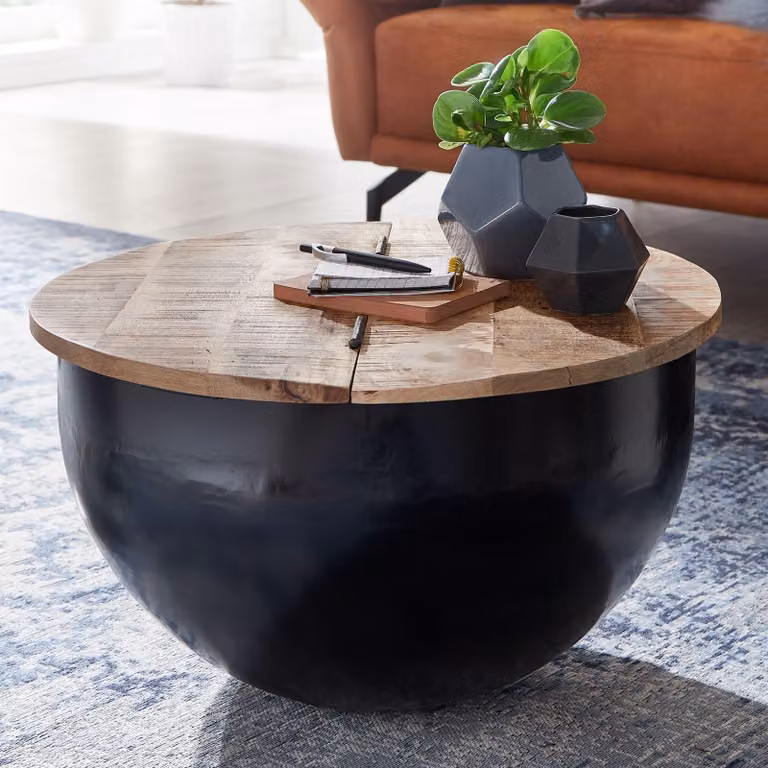 Tavolo FineBuy Mango legno massiccio metallo 60x34x60 cm stile industriale rotondo | Design soggiorno con contenitore | Tavolino moderno