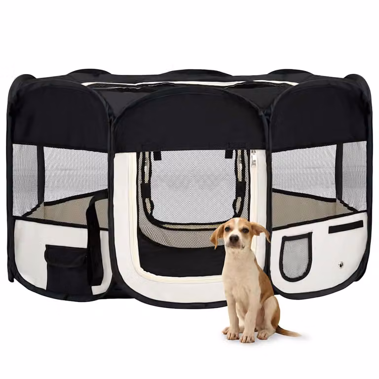 vidaXL Box per Cani Pieghevole con Borsa per Trasporto, Nero e Beige, L/P/H: 145 x 145 x 61 cm