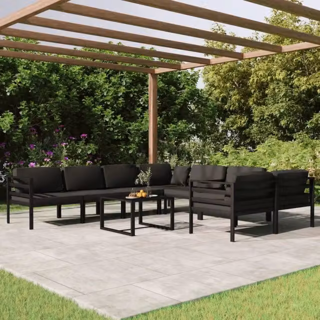 Set di Divani da Giardino a L con Tavolino vidaXL, 9 Pezzi in Alluminio Antracite con Cuscini in Schiuma