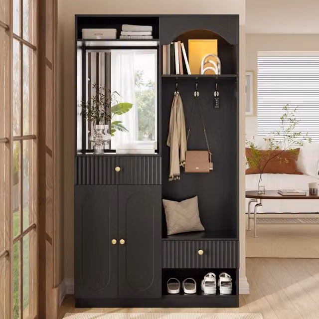 Mobile da ingresso con specchio, panca, appendiabiti, 2 ante, cassetti e LED multicolore, nero, 100 × 35 × 180 cm