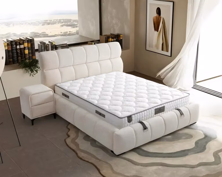Elegantes Blaues Bett mit Matratze aus Textil und Holz