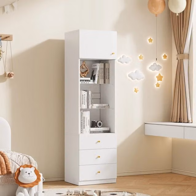 Vetrina 50.0x40.0x180.0 cm con ripiani in vetro regolabili e 3 cassetti in MDF e vetro bianco