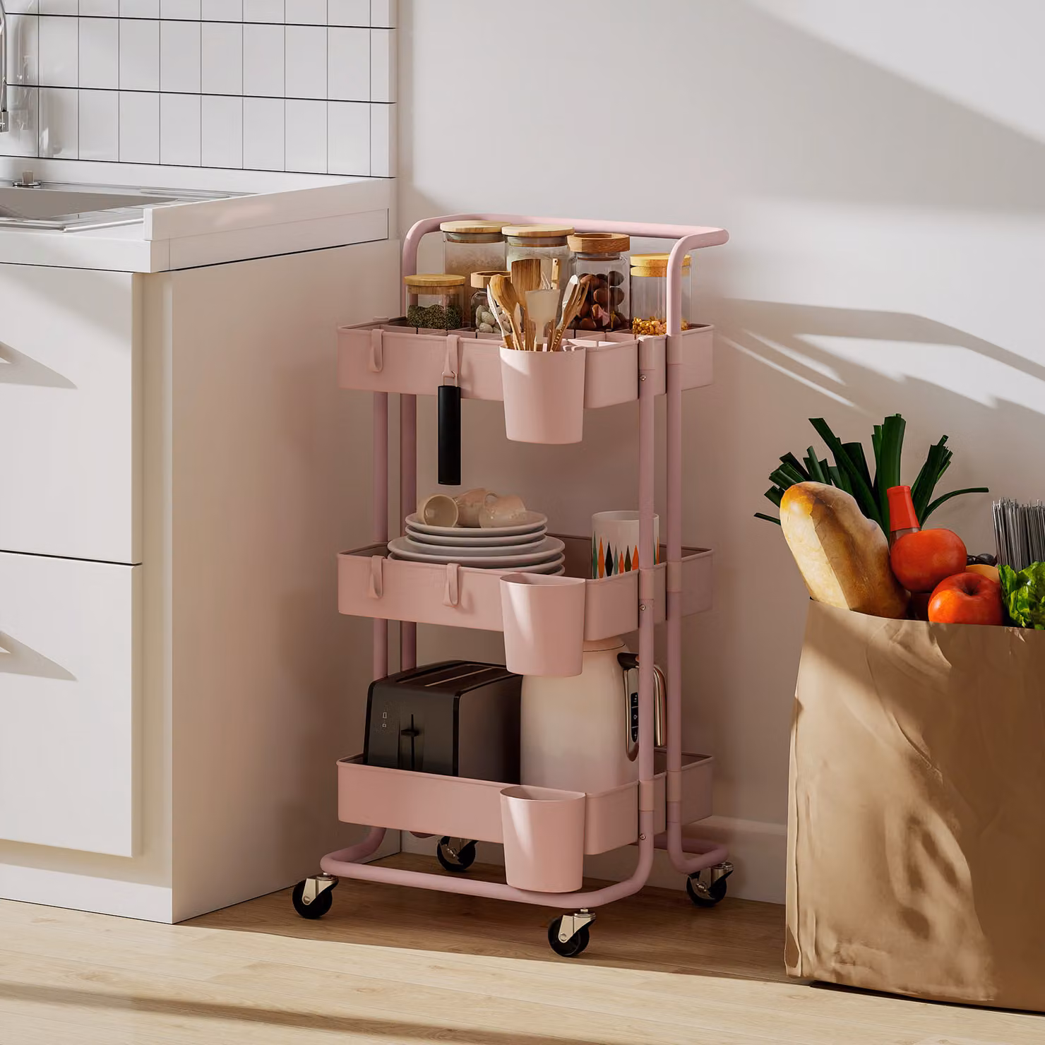 Carrello Ausiliario Multifunzionale HOMCOM con Ruote, Ganci e Ceste Sospese, Colore Rosa, L/P/H: 42 x 38 x 86,5 cm – 2