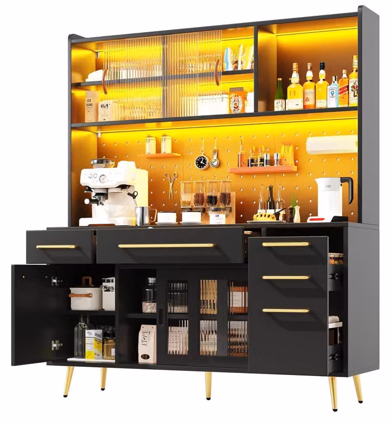 Mobiletto da cucina con illuminazione a LED, credenza con cassetti, 145x39x171 cm, nero