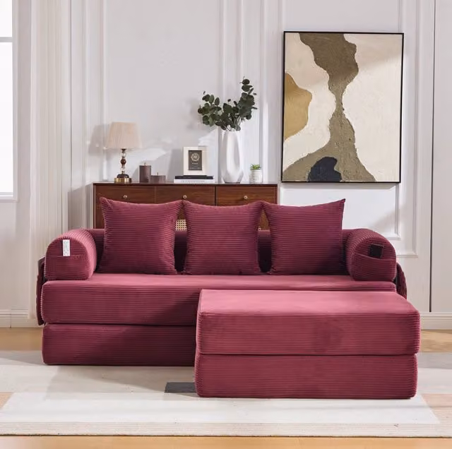 Divano modulare in corduroy bordeaux con struttura in metallo; 200x190x67 cm
