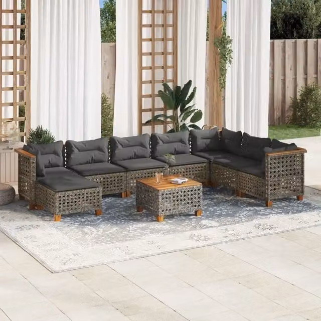 Set Divano da Giardino 9 pz con Cuscini Grigio in Polyrattan 3261963