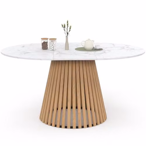 IDMarket - Tavolo da Pranzo Allungabile Rotondo Carmen 4-8 Persone, Piedi in Legno di Larice e Piano in Marmo Bianco Alaska 110-150 cm
