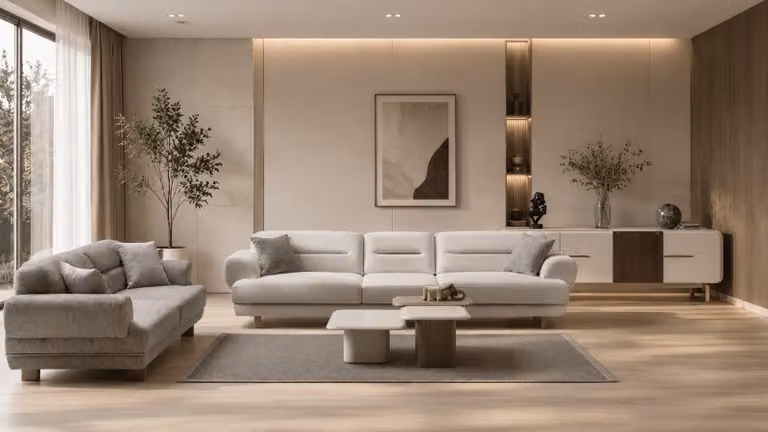 Set per soggiorno grigio: divano a 4 posti, divano a 3 posti, tavolini da caffè, mobile TV, design moderno