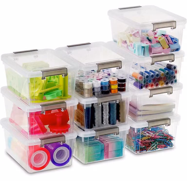 Set di 10 contenitori da 1,25 litri impilabili trasparenti con clip per il coperchio, in plastica robusta 17,7x13x8,2 cm