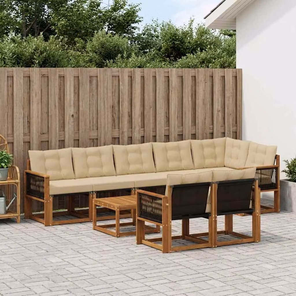 Set di divani da esterno vidaXL 9 pz in legno di acacia e tessuto beige con tavolo da caffè e cuscini
