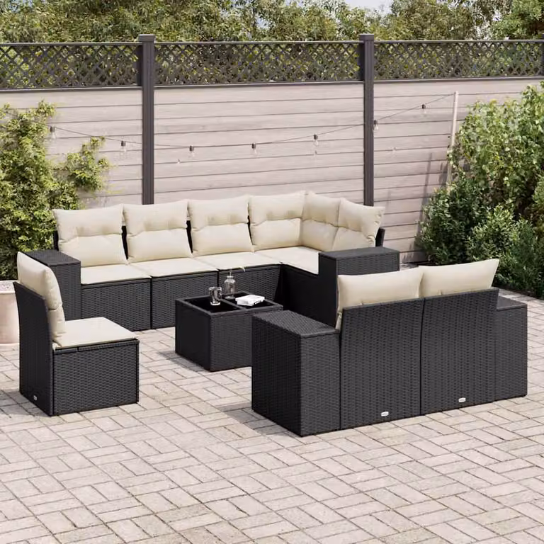 Set di divani da giardino vidaXL a forma di U composto da 9 pezzi con cuscini, colore nero e bianco