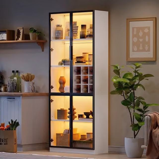 Libreria Vetrata ¨C Minimal ¨C Bianco 80x35x200cm con Ante in Vetro LED e Portabottiglie
